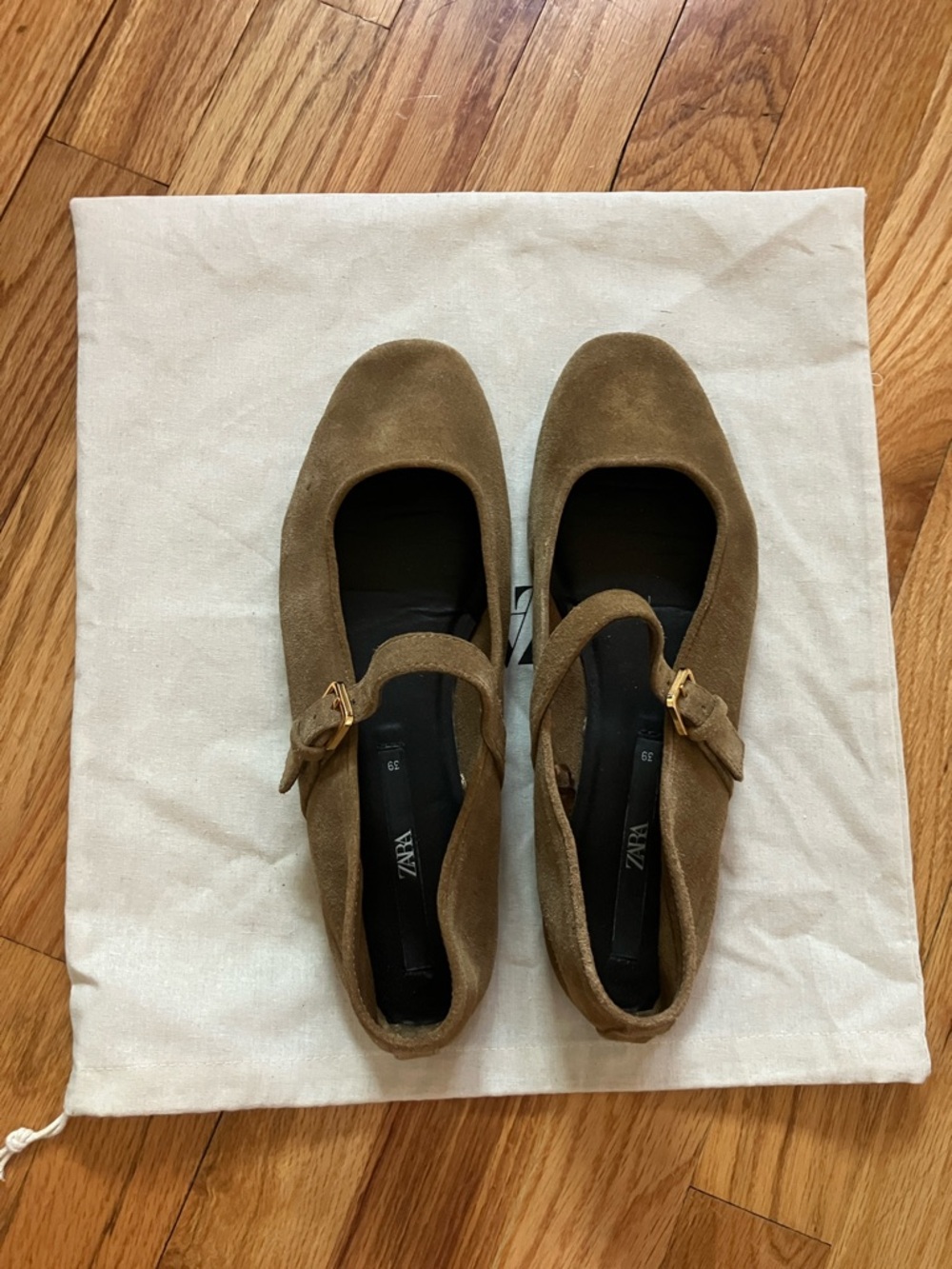 ZARA Suede Mary Jane Flats in Brown with Gold Buckle